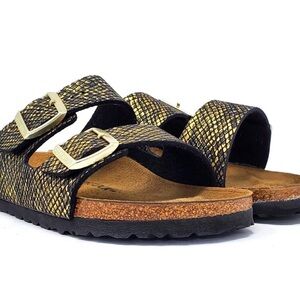 Birkenstock Arizona 40 Shiny Python Black and Gold sandals New in Box